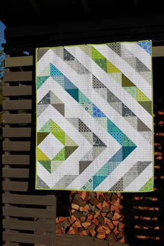 HST Baby Quilt with blue, green and gray